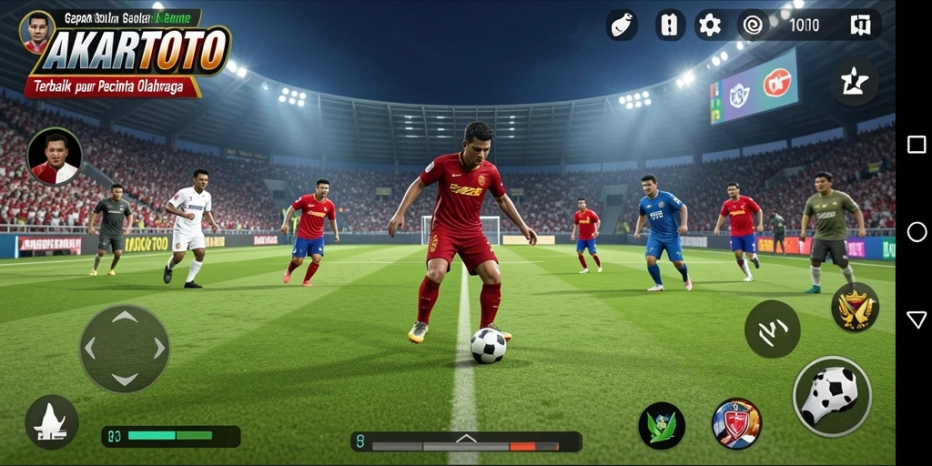 Screenshot gameplay AKARTOTO menunjukkan aksi seru di lapangan sepak bola.