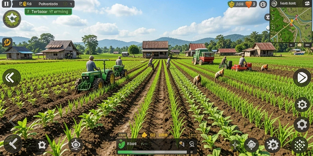 Screenshot gameplay FO8 menampilkan ladang yang rimbun dan aktivitas bertani.