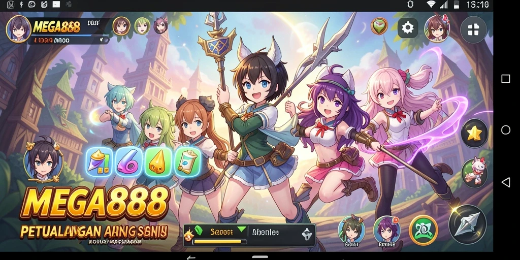 Tampilan gameplay MEGA888 yang penuh warna dan karakter menarik.