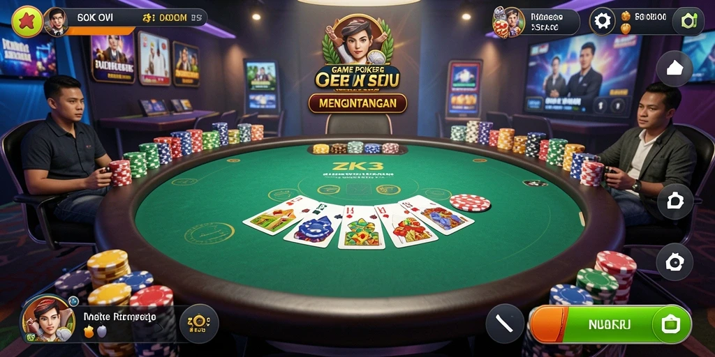 Tampilan gameplay ZK3 dengan pemain berinteraksi di meja poker.